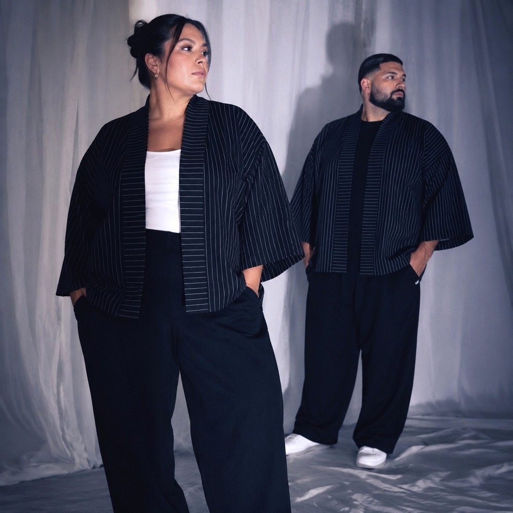 Mind-Less Shanti Kimono Unisex XL/XXL Black Pinstripe Fluid Fit Open Jacket Art